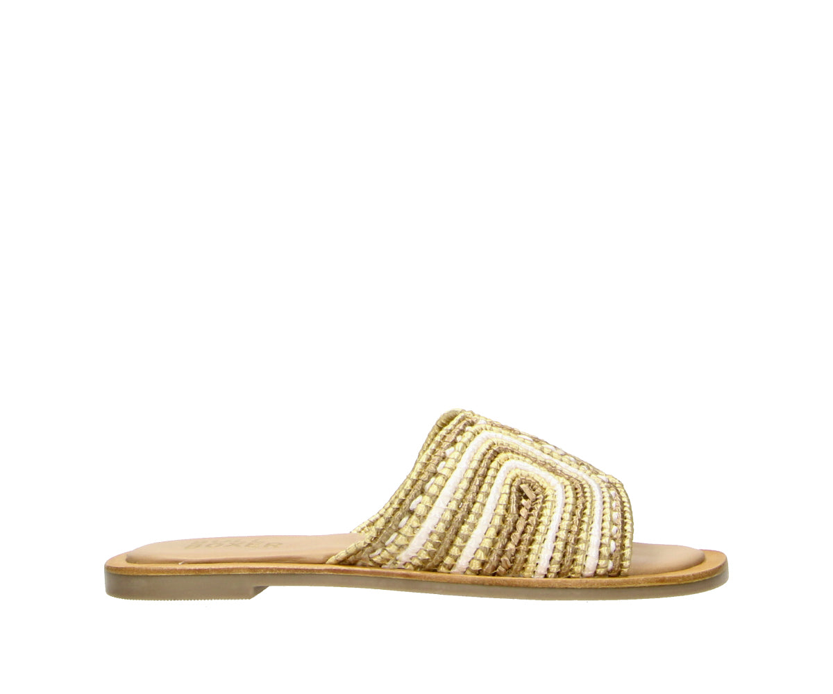 The 6RS0030703 8583 gold-bronze raffia sandals are the perfect blend of shine and texture. Featuring a chic raffia finish in luxe gold and bronze tones, these slip-on sandals add effortless elegance to any summer outfit. Bullboxer Shoes Footwear