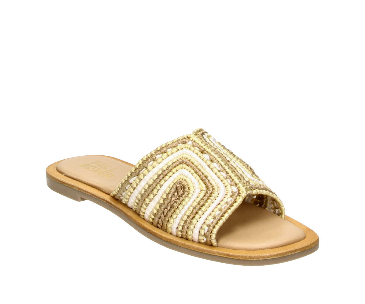 The 6RS0030703 8583 gold-bronze raffia sandals are the perfect blend of shine and texture. Featuring a chic raffia finish in luxe gold and bronze tones, these slip-on sandals add effortless elegance to any summer outfit. Bullboxer Shoes Footwear