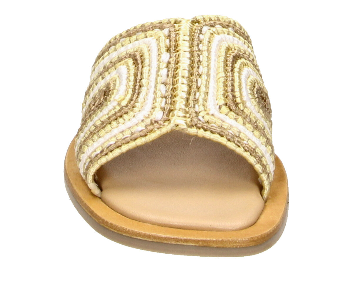 The 6RS0030703 8583 gold-bronze raffia sandals are the perfect blend of shine and texture. Featuring a chic raffia finish in luxe gold and bronze tones, these slip-on sandals add effortless elegance to any summer outfit. Bullboxer Shoes Footwear