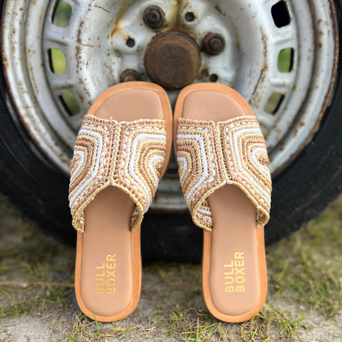 The 6RS0030703 8583 gold-bronze raffia sandals are the perfect blend of shine and texture. Featuring a chic raffia finish in luxe gold and bronze tones, these slip-on sandals add effortless elegance to any summer outfit. Bullboxer Shoes Footwear 